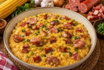 Thumbnail for Quirera com Linguiça Fininha e Bacon, Receita Caseira Cremosa e Muito Saborosa