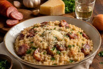 Thumbnail for Risoto de Linguiça com Cachaça Cremoso, Receita Brasileira Fácil e Saborosa